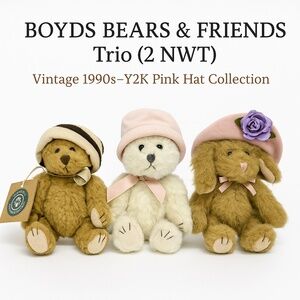 VINTAGE BOYDS BEARS & FRIENDS Pink-Hat Jointed Plush Trio (2 NWT) 1990s–Y2K Gift